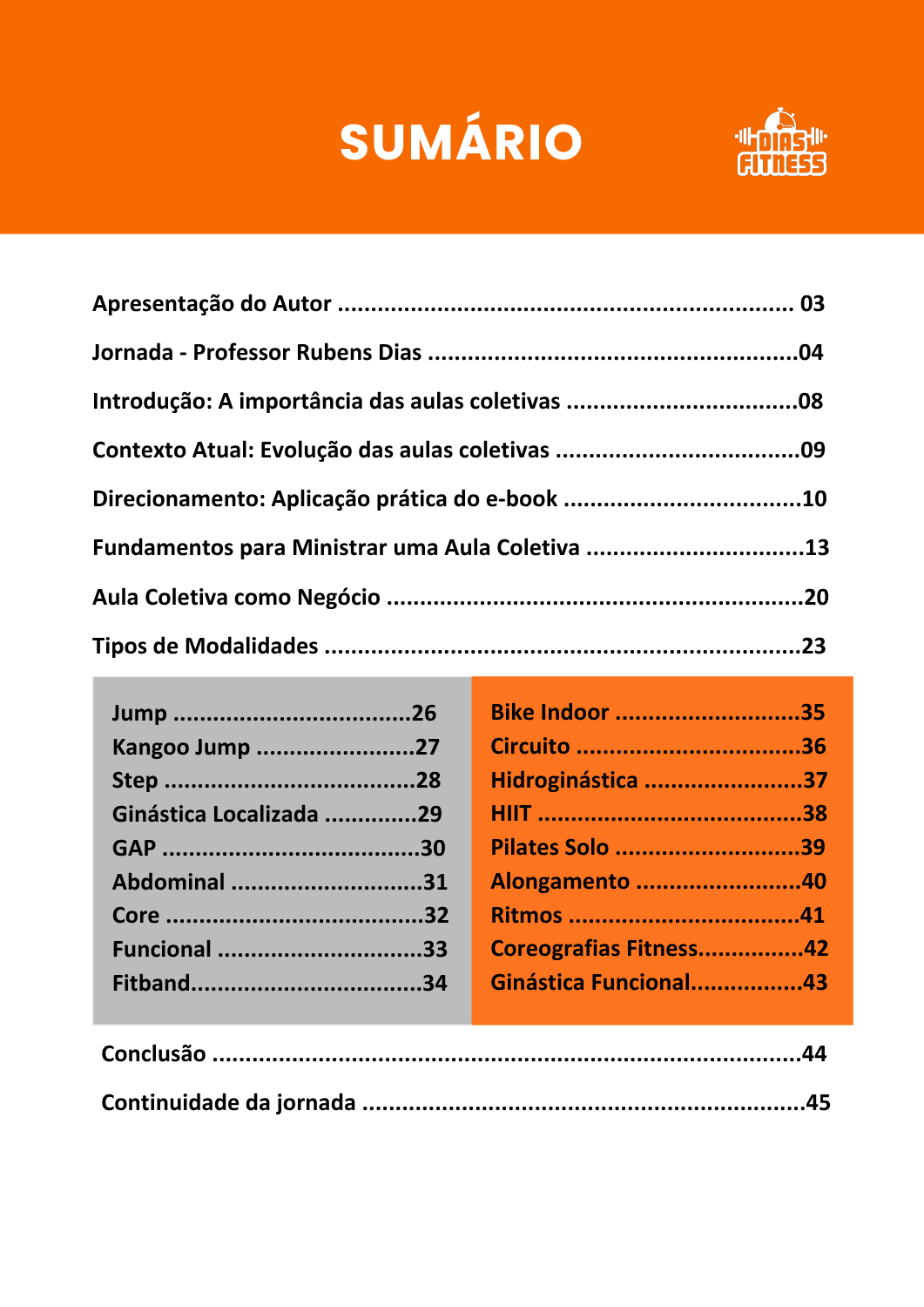 Sumário real do e-book Aulas Coletivas - Método DiasFitness
